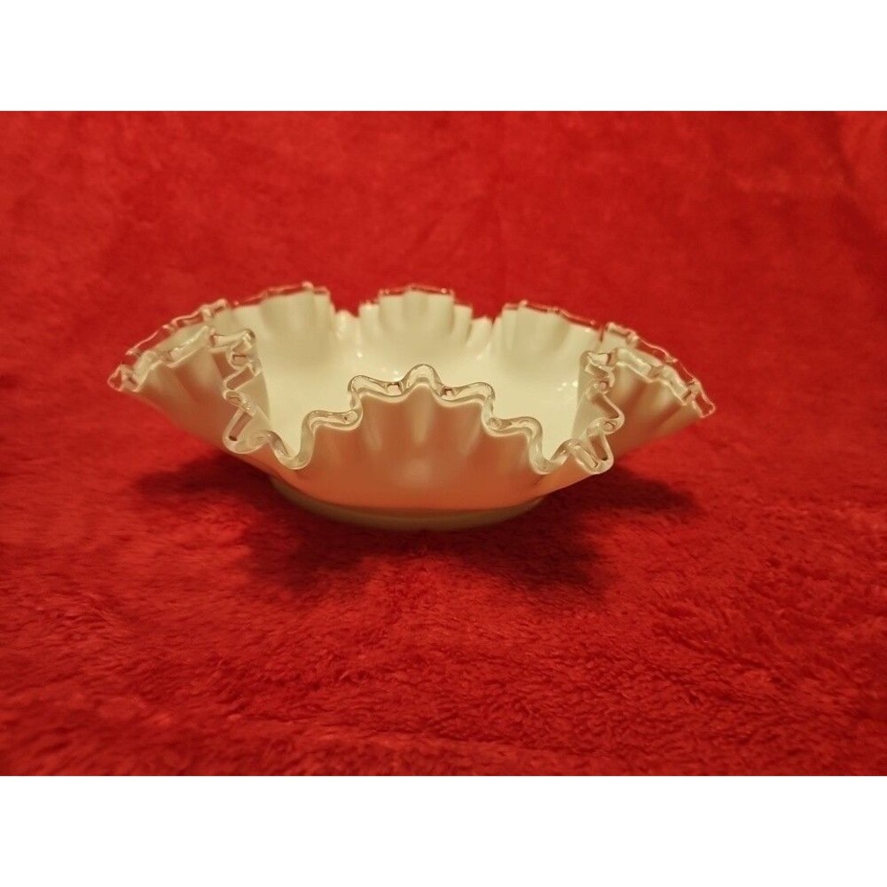 11" Vintage Fenton Silver Crest Milk Glass Ruffled Edge Fruit Jewelry Dish ~ EUC
